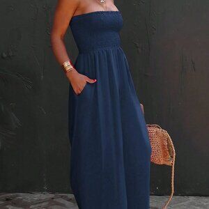 Navy Blue Boho Women's Smocked Strapless Wide Leg Jumpsuit with Pockets